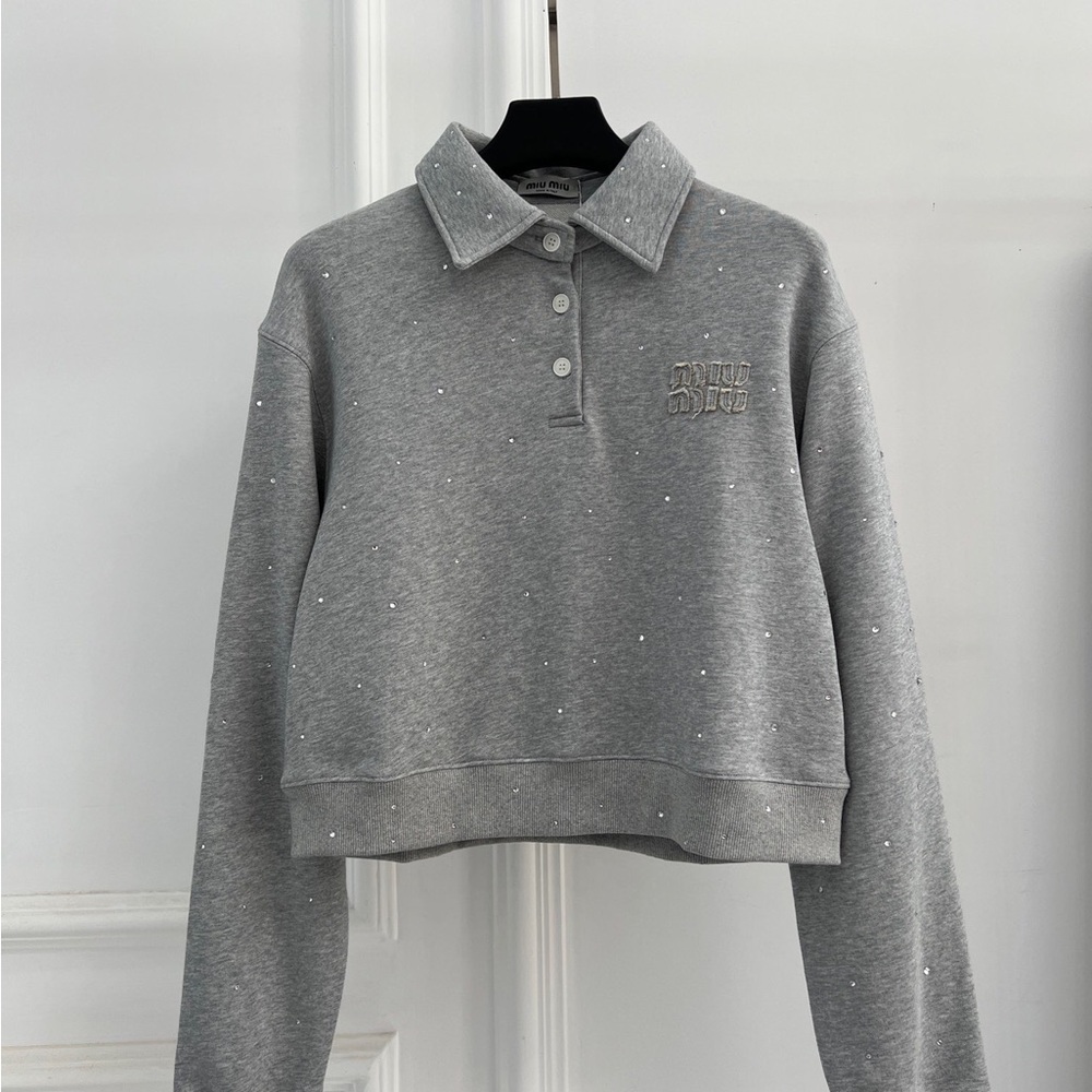 Miu Miu Grey Cropped Polo Sweatshirt with Crystal Studs